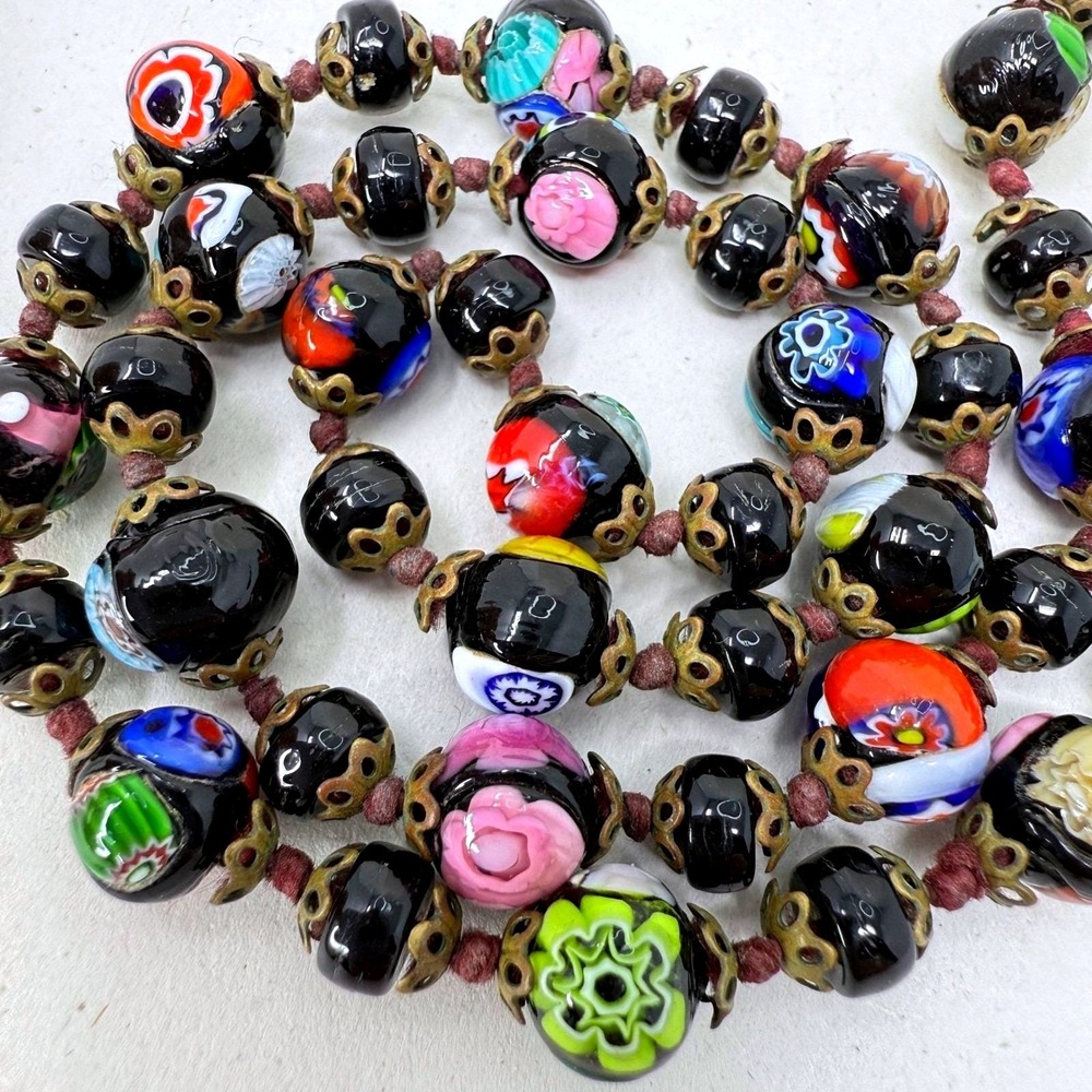 Millefiori Art Glass Bead Necklace Bronze Filigree Caps Colorful Vintage Knotted